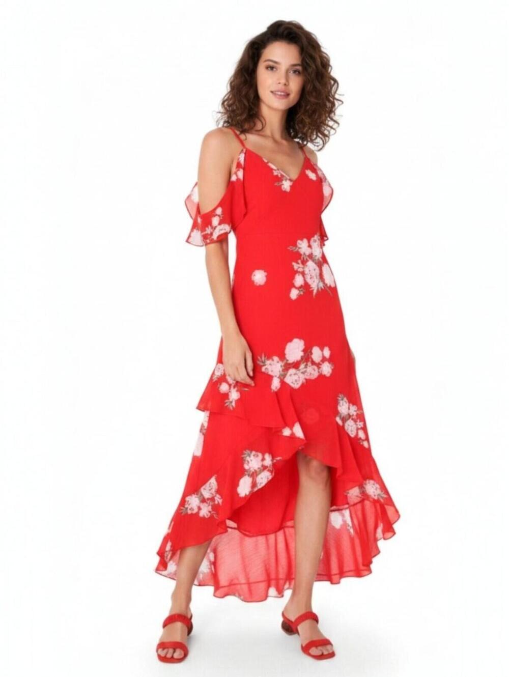 Lulus Made With Love Red Floral High Low Ruffle Midi Dress NWT Size S